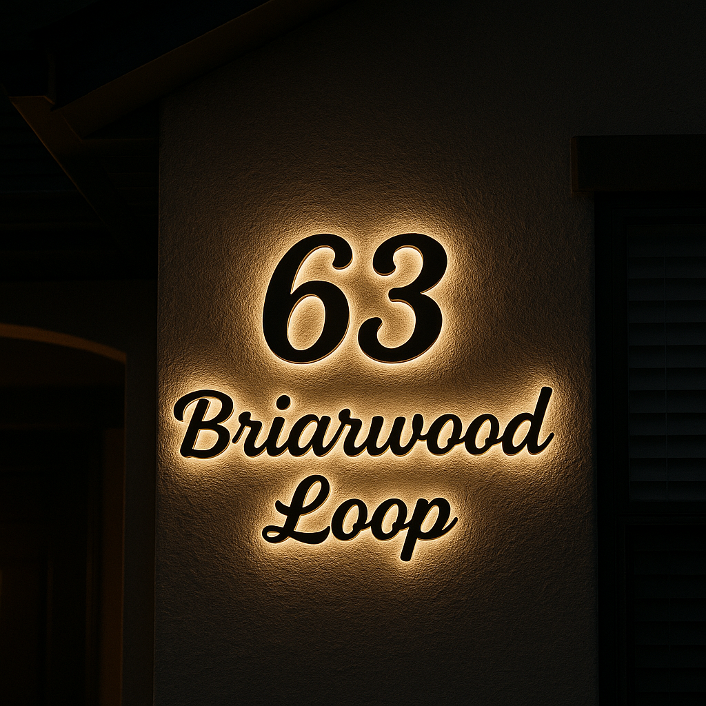 Ranch style home with LED address sign